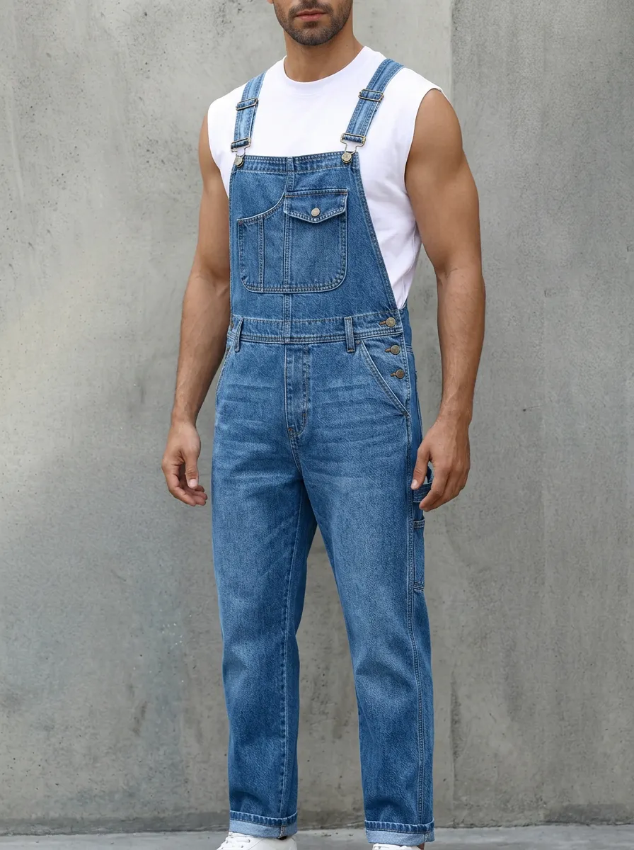 Men's Casual Vintage Blue Denim Bib Overalls