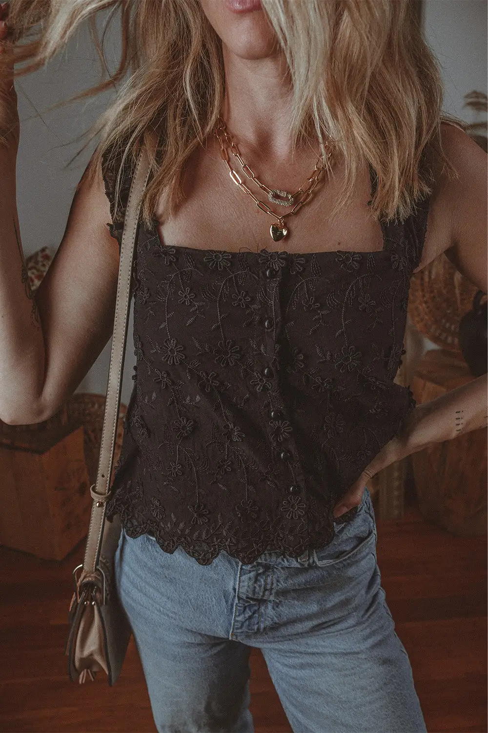 Square-Neck Button-Detail Embroidered Floral  Tank Top