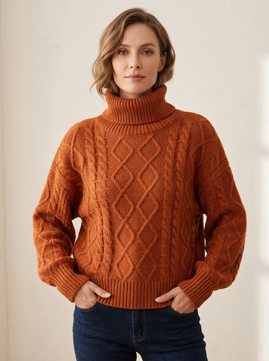 Women's Autumn Casual Diamond Cable Knit Turtleneck Sweater