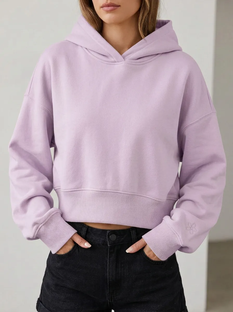 Women's Minimalist Flower Embroidered Solid Beige Cropped Hoodie