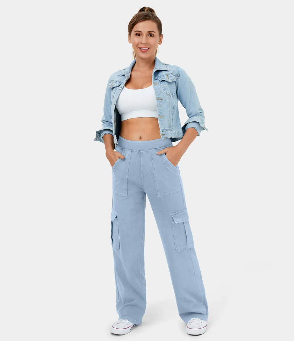 Magic Mid Rise Multiple Pockets Straight Leg Stretchy Knit Casual Cargo Jeans