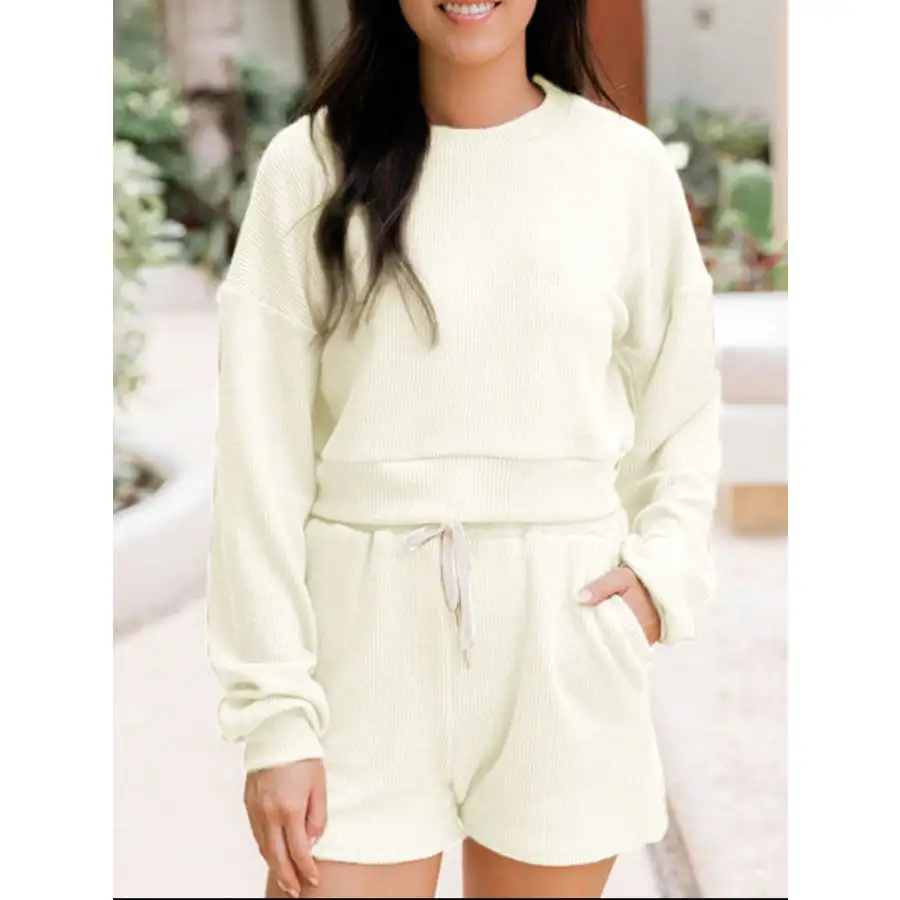 Ribbed Round Neck Long Sleeve Top and Shorts Set