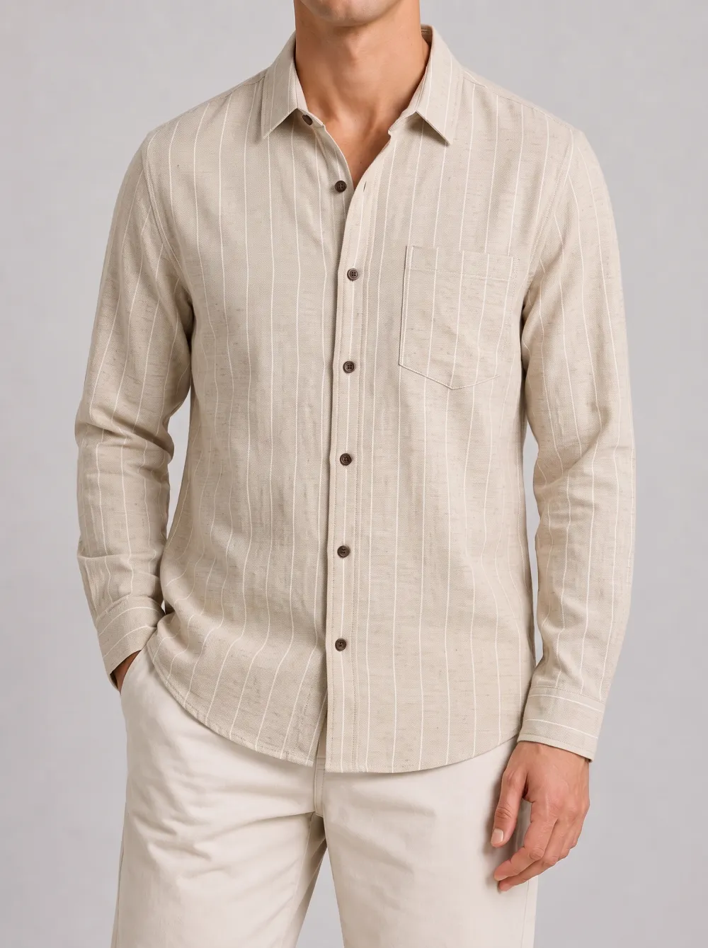 Men's Casual Beige Vertical Striped Printed Long Sleeve Shirt
