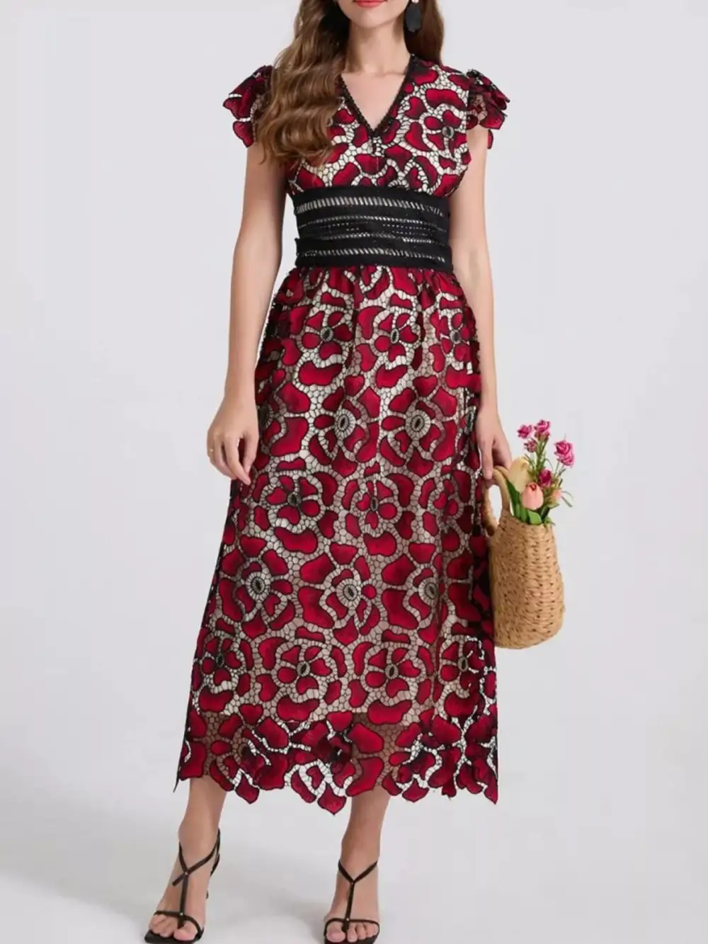 Printed V Neck Ruffle Midi Dress