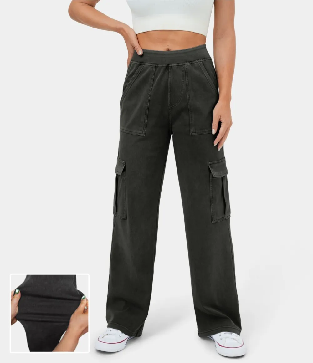 Magic Mid Rise Multiple Pockets Straight Leg Stretchy Knit Casual Cargo Jeans