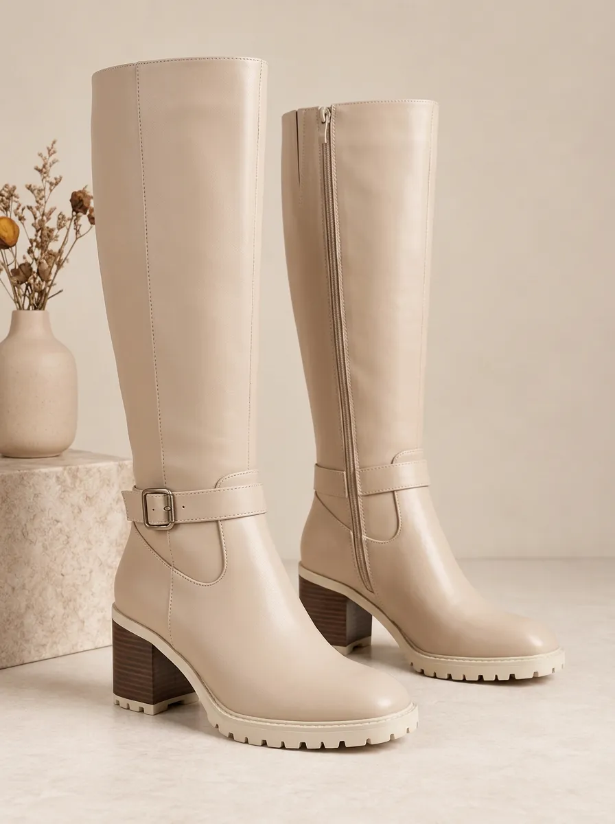 Women's Buckle Strap Rugged Knee High Boots
