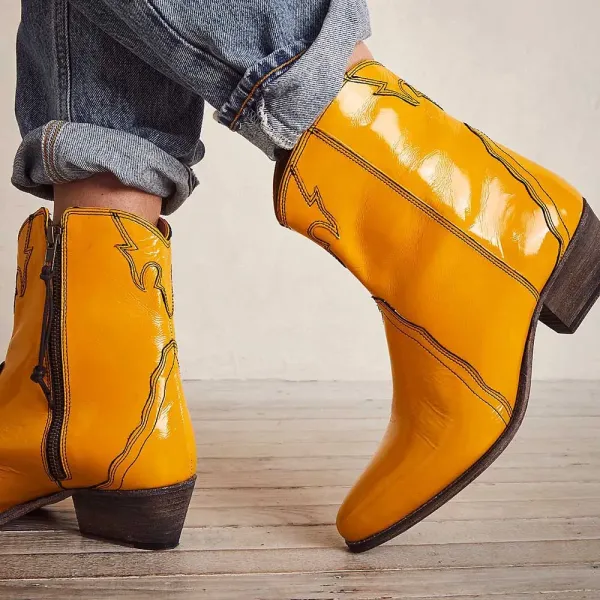 Patent Embroidered Zip-Up Pointed-Toe Ankle Boots