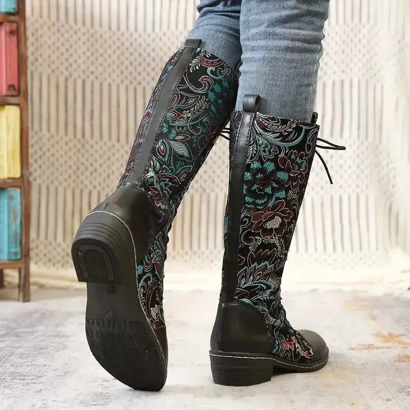 Embroidered Lace Up Knee High Boots
