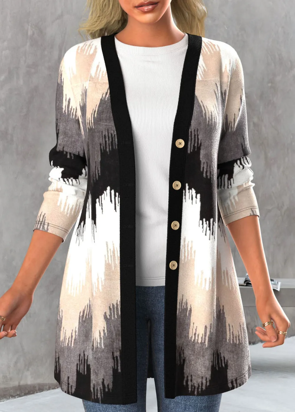 Black Button Geometric Print Long Sleeve Coat