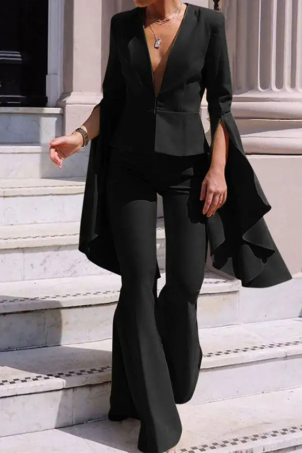 Solid Color Bell-Bottom Asymmetric Pant Set