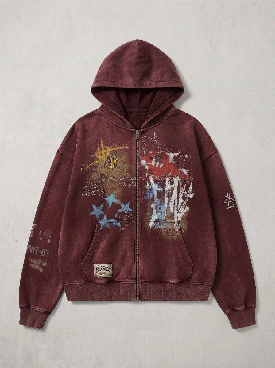Unisex Streetwear Graffiti Star Graphic Printed Zip-up Hoodie