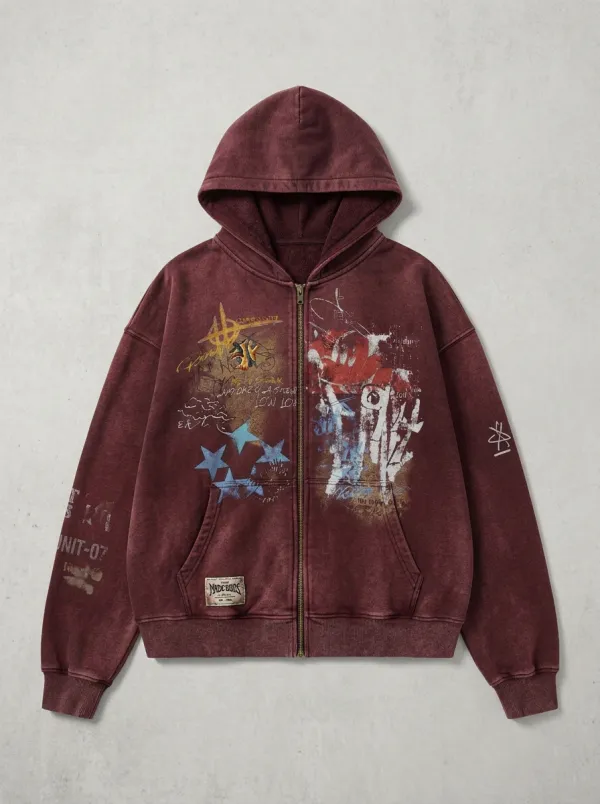 Unisex Streetwear Graffiti Star Graphic Printed Zip-up Hoodie