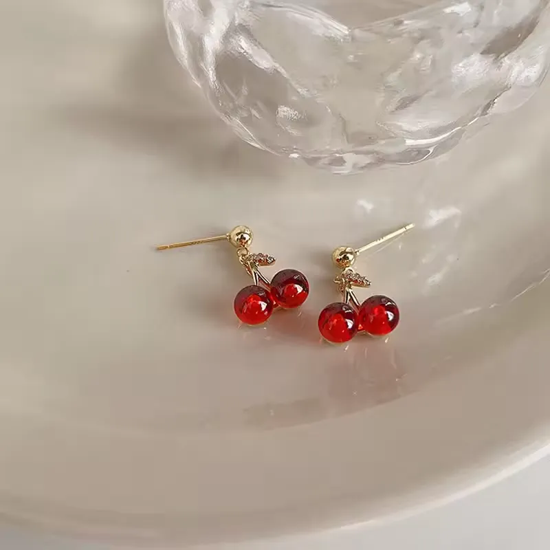 Fashionable wine-red cherry-shaped earrings