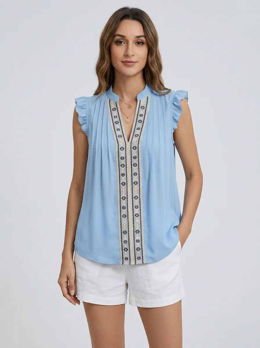 Boho Floral Embroidered Ruffle Sleeve Printed Top