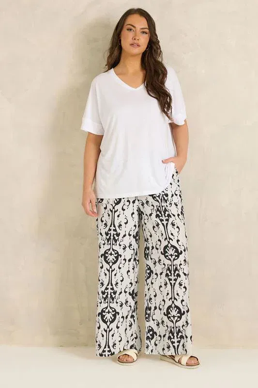 White Abstract Print Wide Leg Trousers