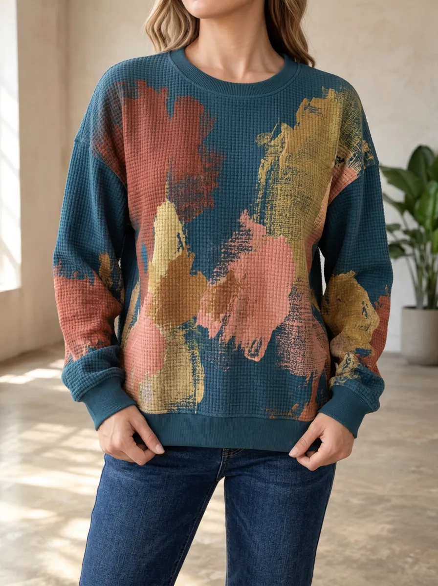 Women's Abstract Brushstroke Patterned Waffle Knit Crewneck Sweatshirt
