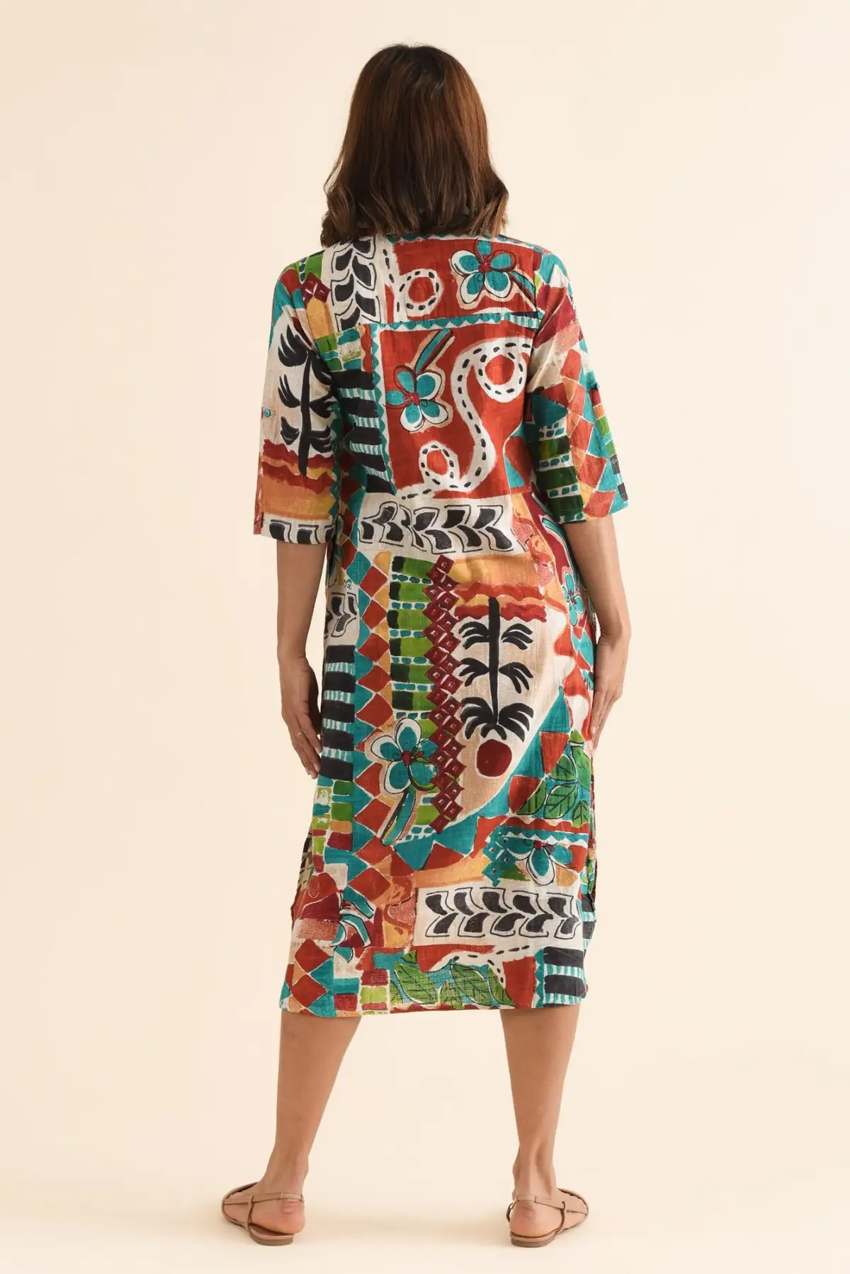 Below-Knee Abstract Cotton Pocket Collared Half-Sleeve A-Line Shirt Dress