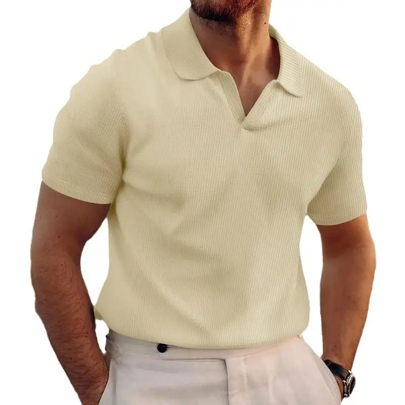 Waffle Texture Open V Neck Short Sleeve Jersey Polo Shirt