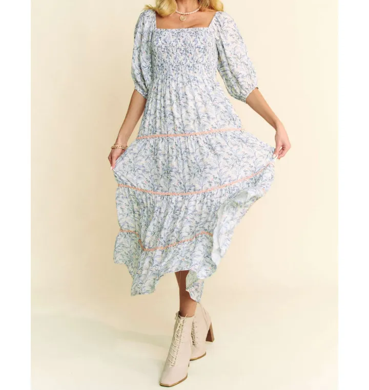 Contrast Ric Smocking Bodice Tiered Midi Dress