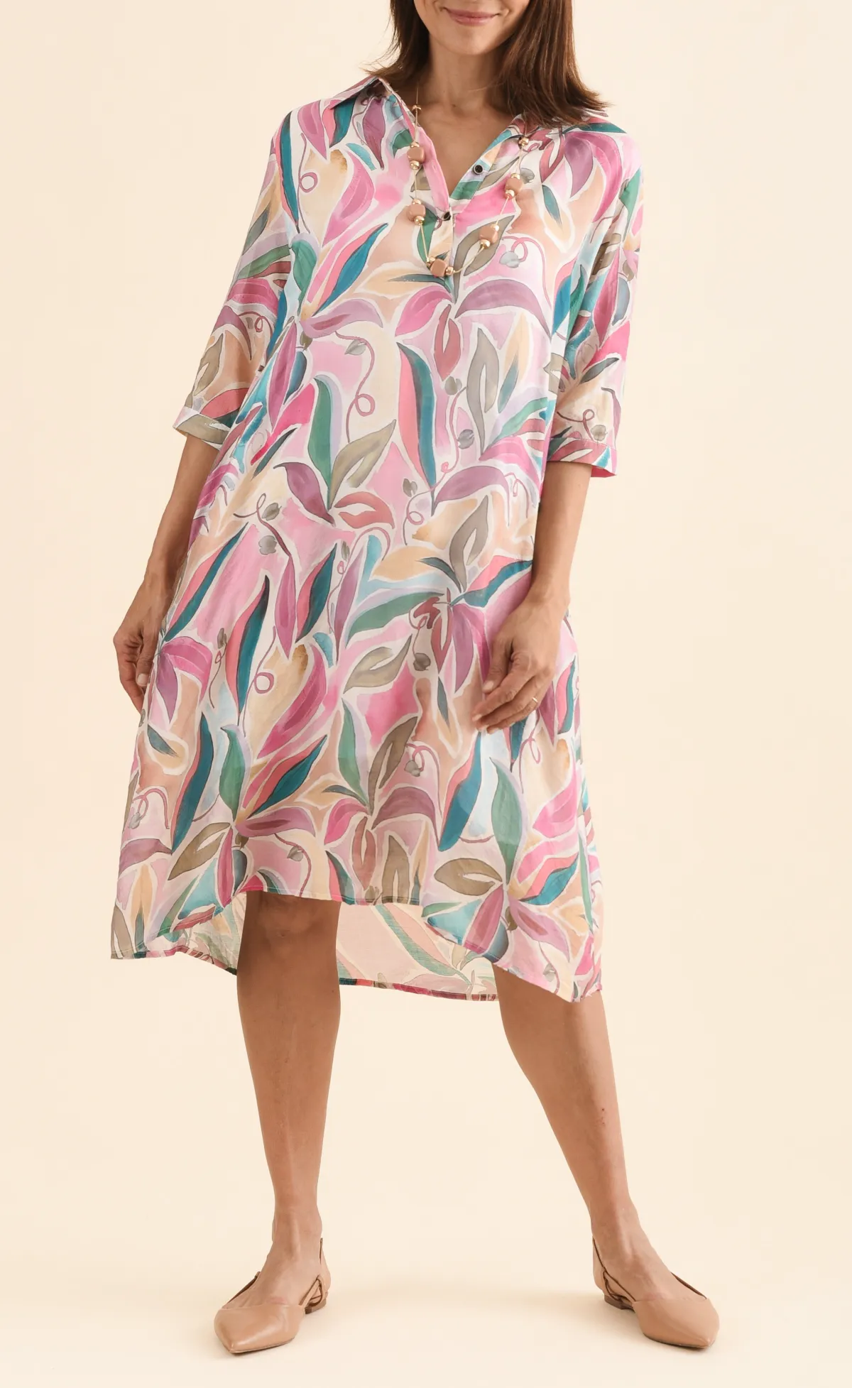 Knee-Length Geometric Cotton Pocket Collared Half-Sleeve A-Line Dress