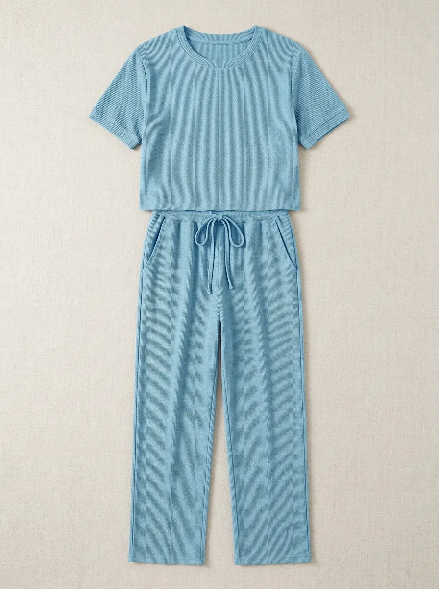 Ribbed Knit Drawstring Casual Lounge Set