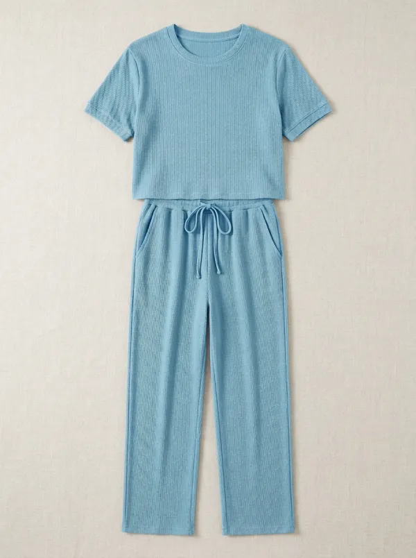 Ribbed Knit Drawstring Casual Lounge Set