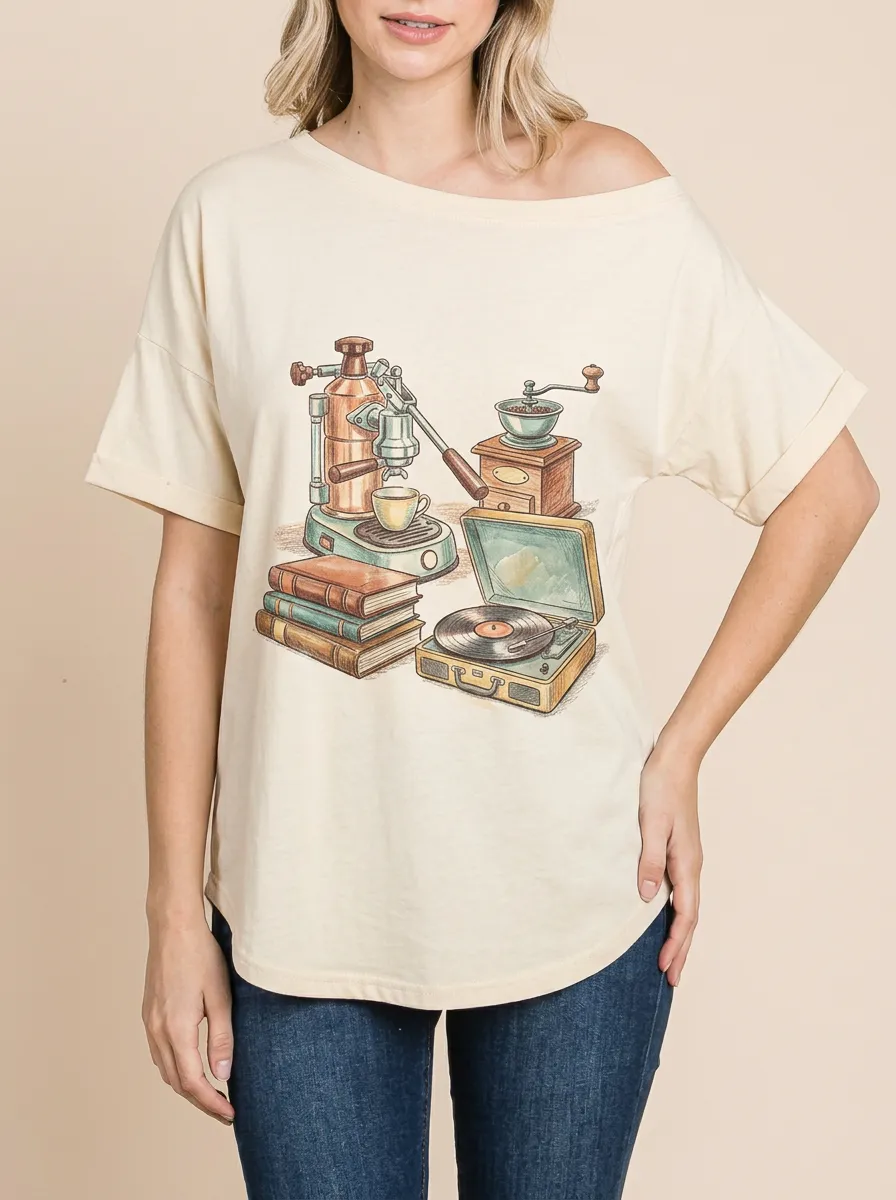 Women's Coffee Book Vinyl Lover Vintage Illustration Graphic T-Shirt