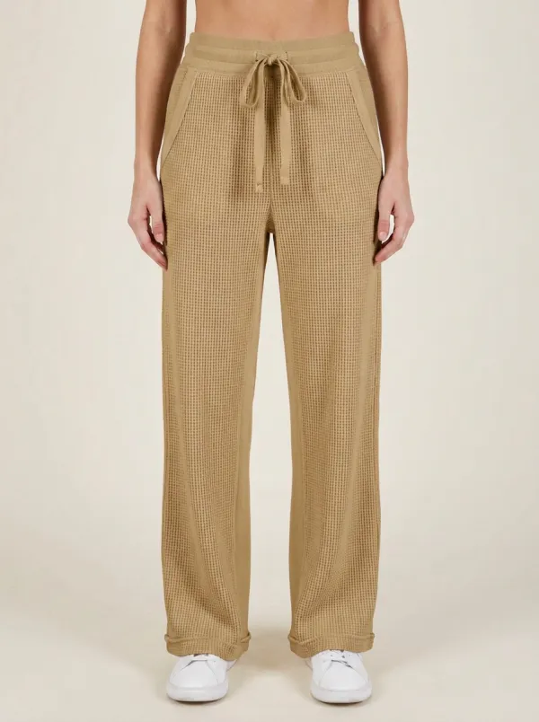 Women's Casual Lounge Waffle Knit Drawstring Wide Leg Pants