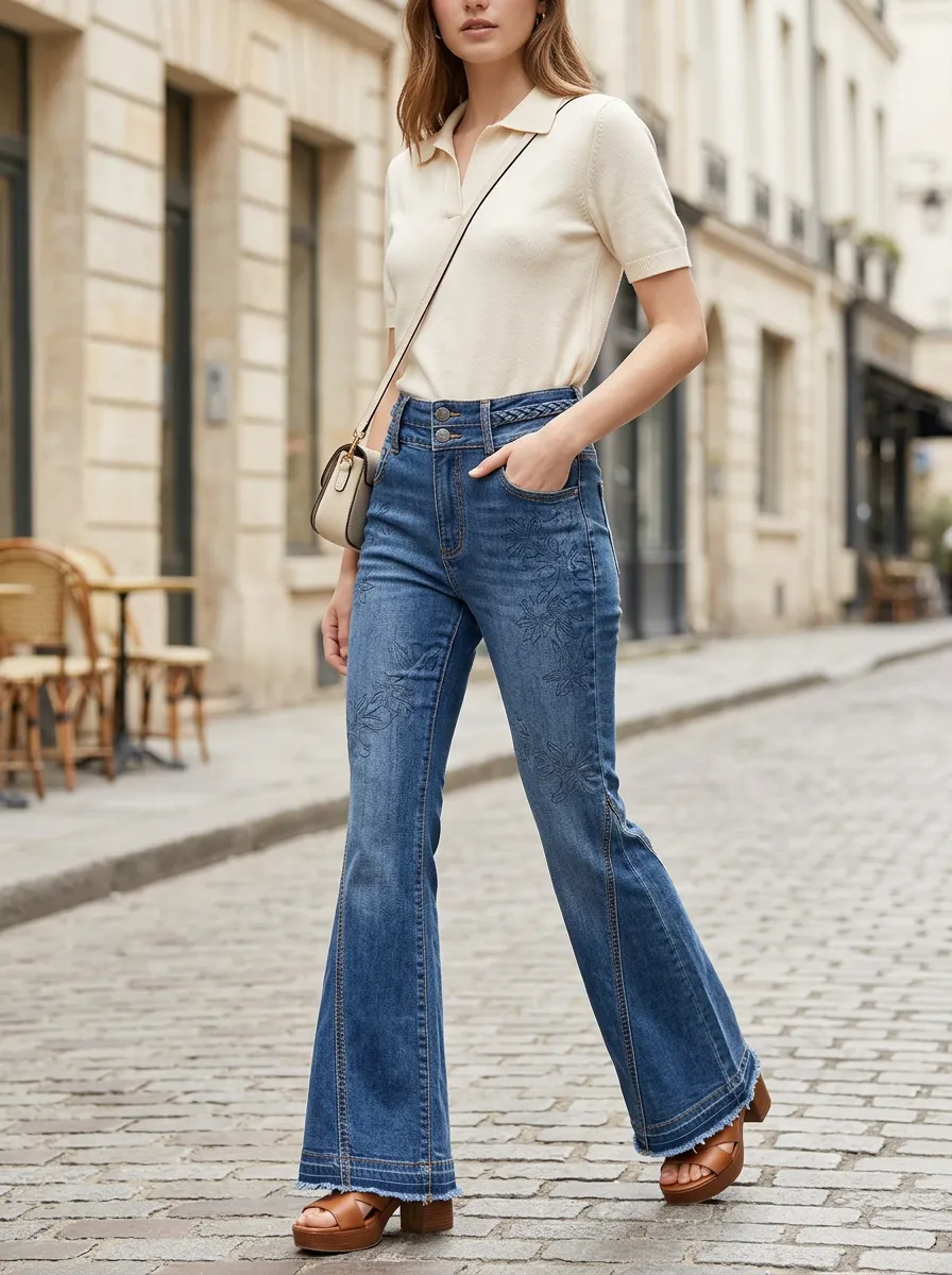 Women's Vintage Floral Embroidered High Waisted Flare Jeans