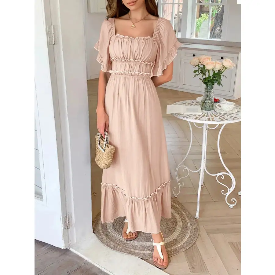 Square Neck Puff Sleeve Ruffle Trim Maxi Dress