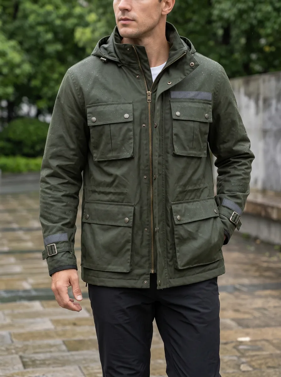 Men's Olive Green Hooded Waterproof Jacket with Adjustable Cuffs