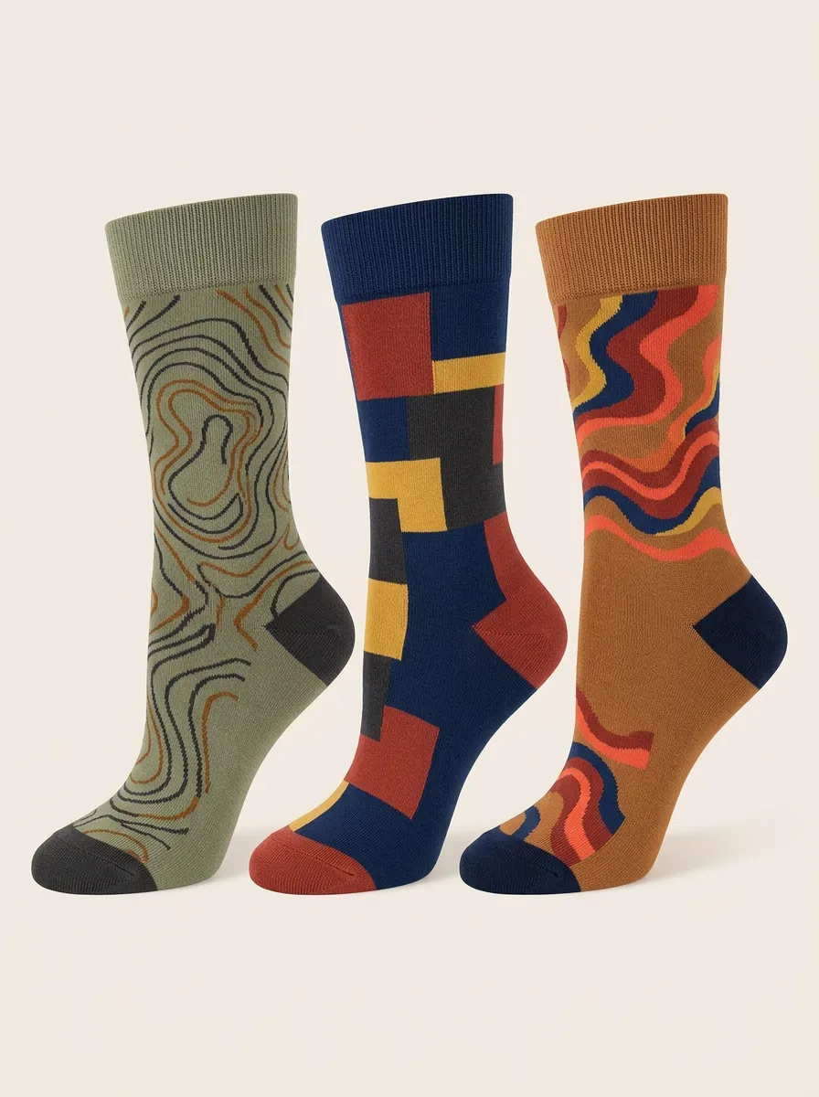 Men's Topographic Lines Square Pattern Crew Sock Trio
