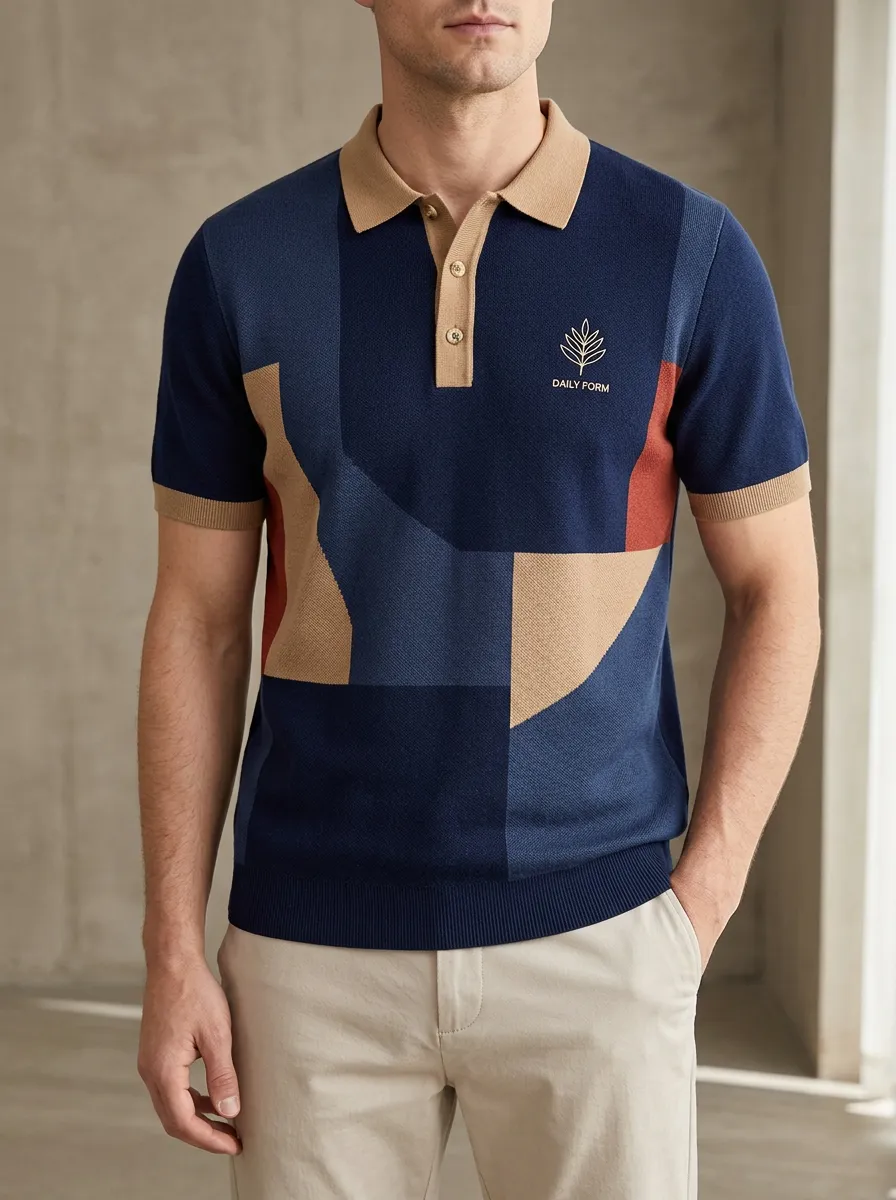 Leaf-Pattern Geometric Colorblock Men's Polo Shirt