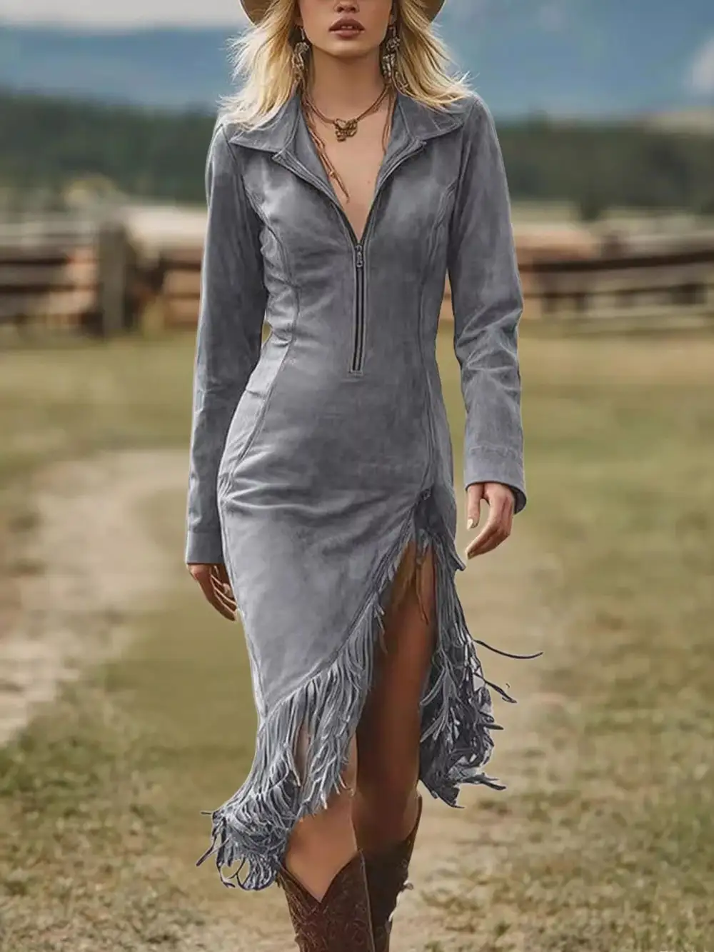 Gathered Detail Zip Front Dress