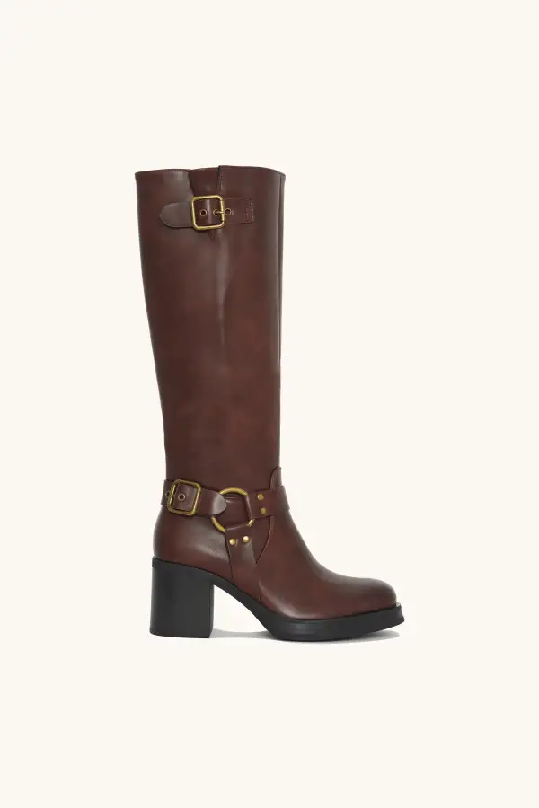 Structured Buckle Block Heel Boots