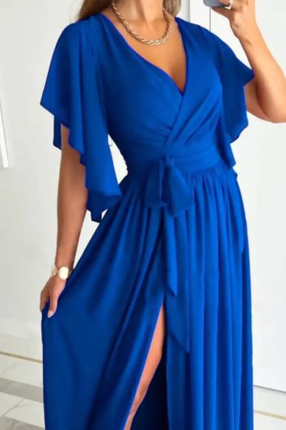 Relaxed Surplice Neck Flutter Sleeve Dress