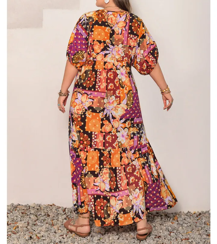 Classic Plus Size Printed V Neck Half Sleeve Maxi Dress