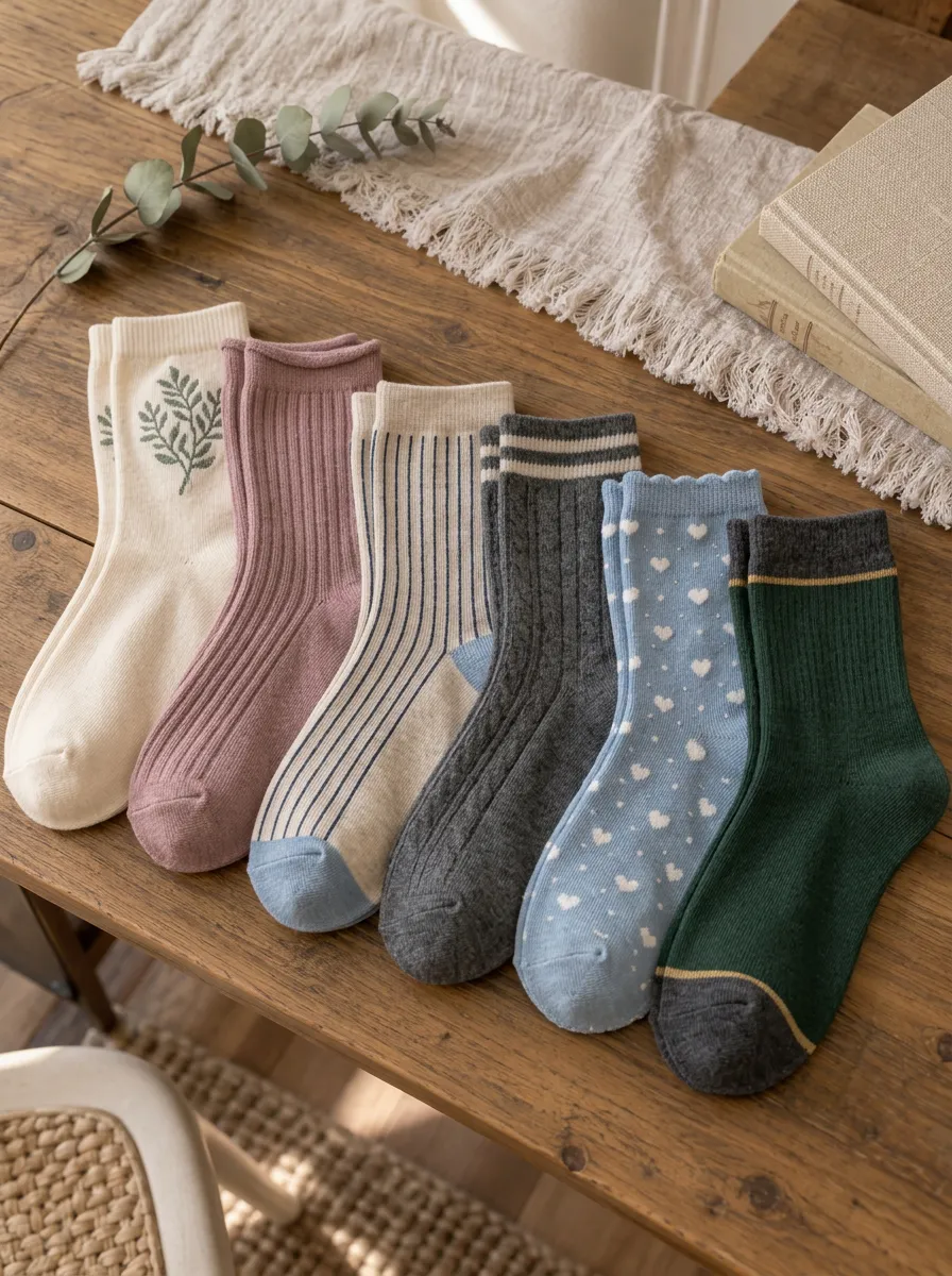 Women's Vintage Floral Striped Heart Printed 6-Pack Crew Socks