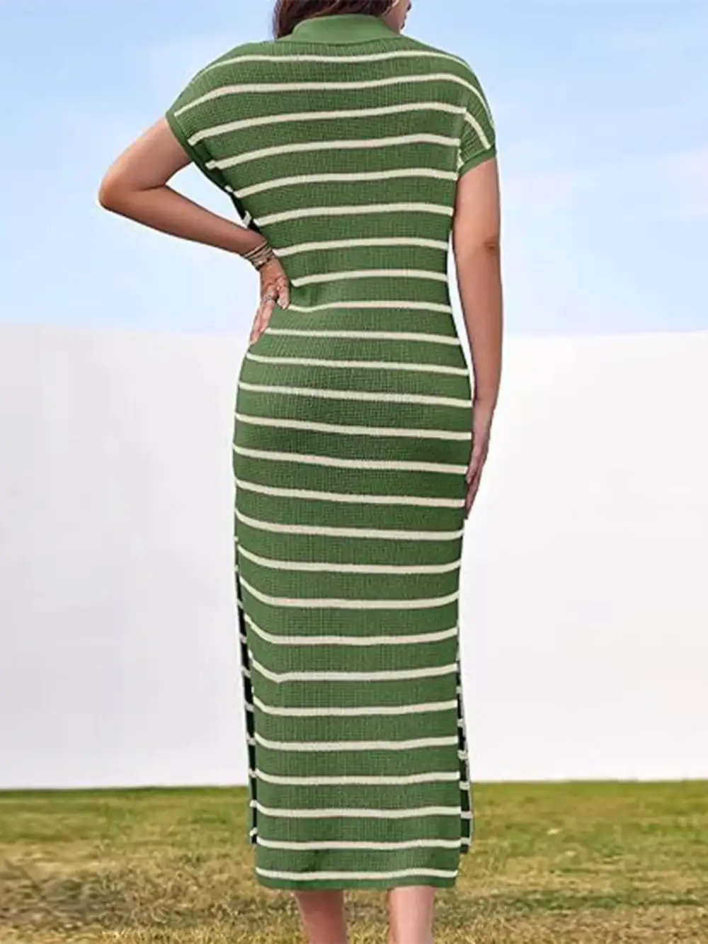 Striped Knit Slit Midi Dress