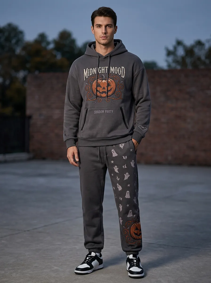 Men's Halloween Charcoal Midnight Mood Pumpkin Ghost Zip-Pocket Hoodie Jogger Set