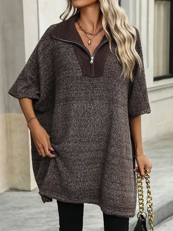 Paneled Zip Detail V-Neck Elbow Sleeve Relaxed Fit Sweater