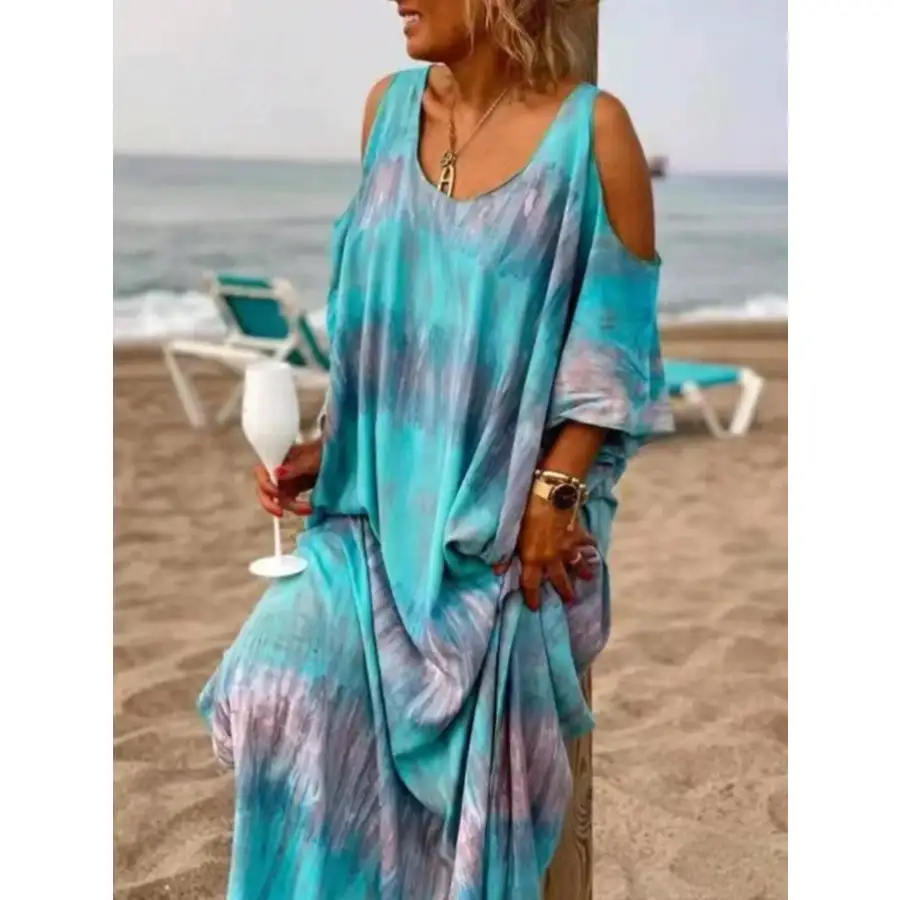 Plus Size Tie Dye Cold Shoulder Maxi Dress