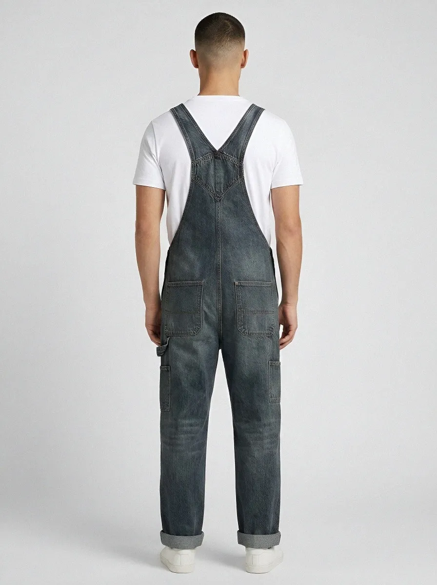 Men's Dungaree Distressed Washed Vintage-Inspired Denim Bib Overalls