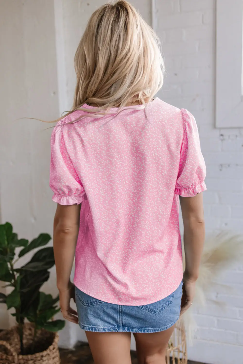 Women's Floral Print Embroidered Notched Neck Top
