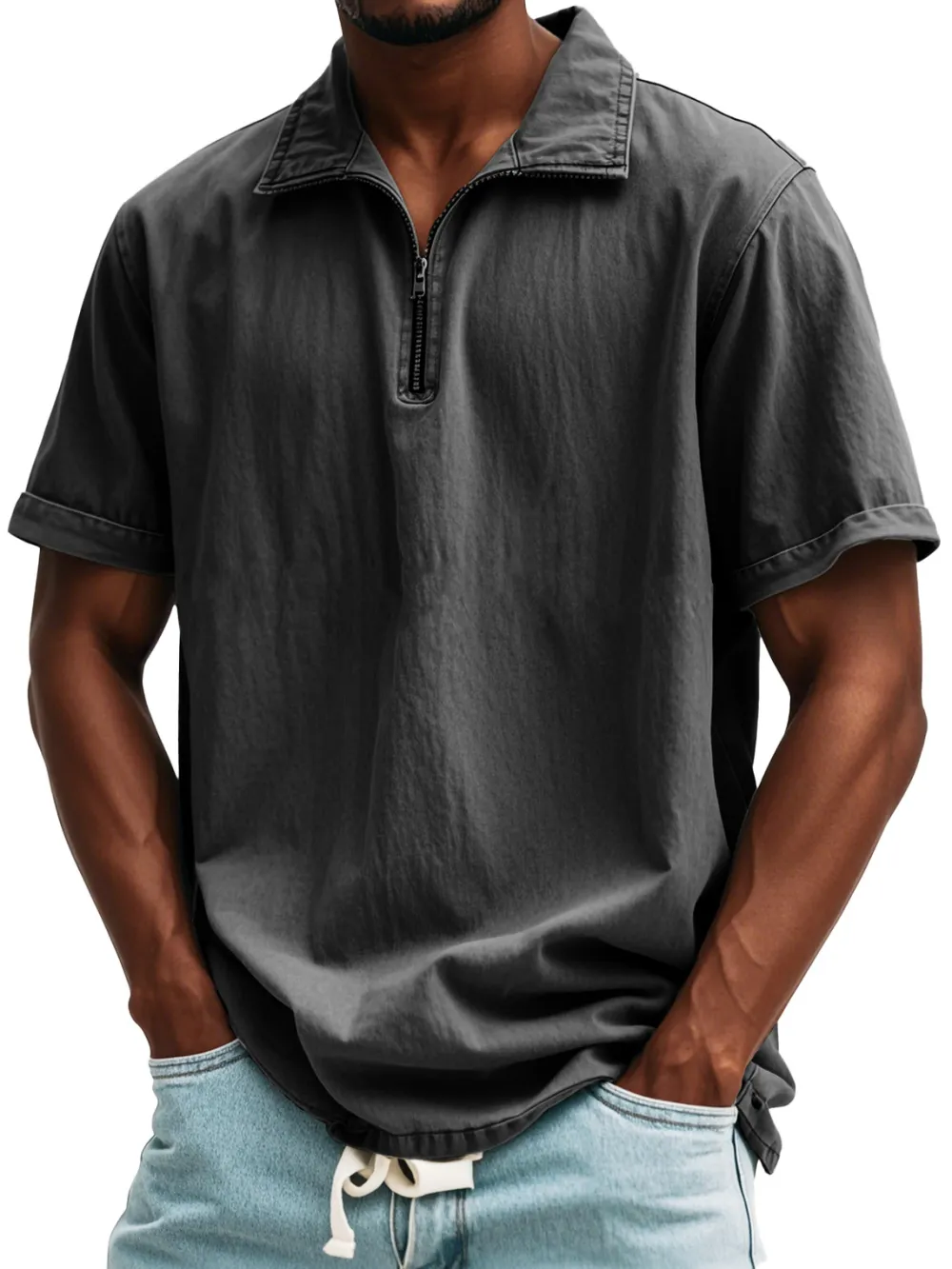 Relaxed Short Sleeve Stand Collar Zip Front Shirt