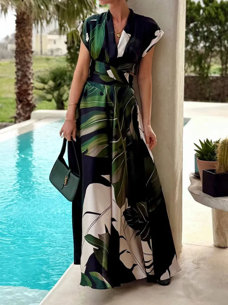 Bohemian Palm Leaf Print Maxi Dress