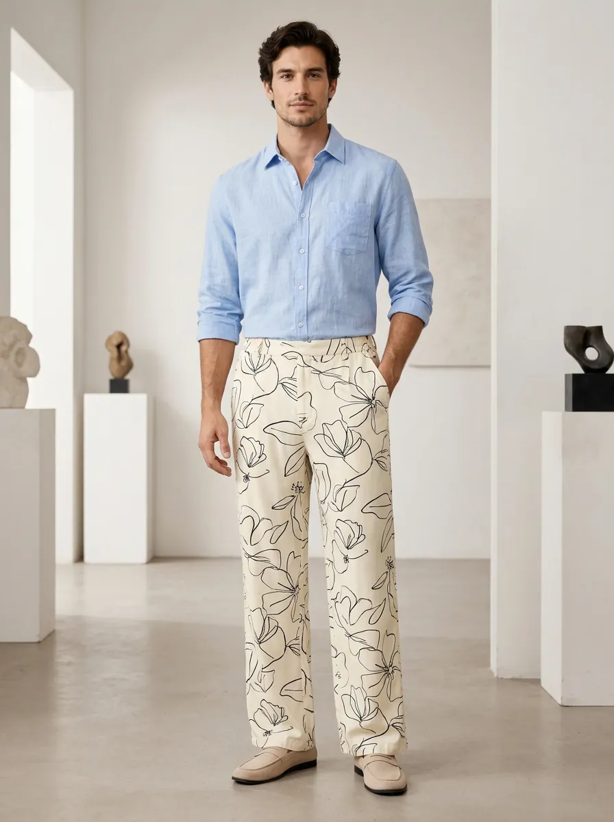 Men's Floral Line Art Printed Pants