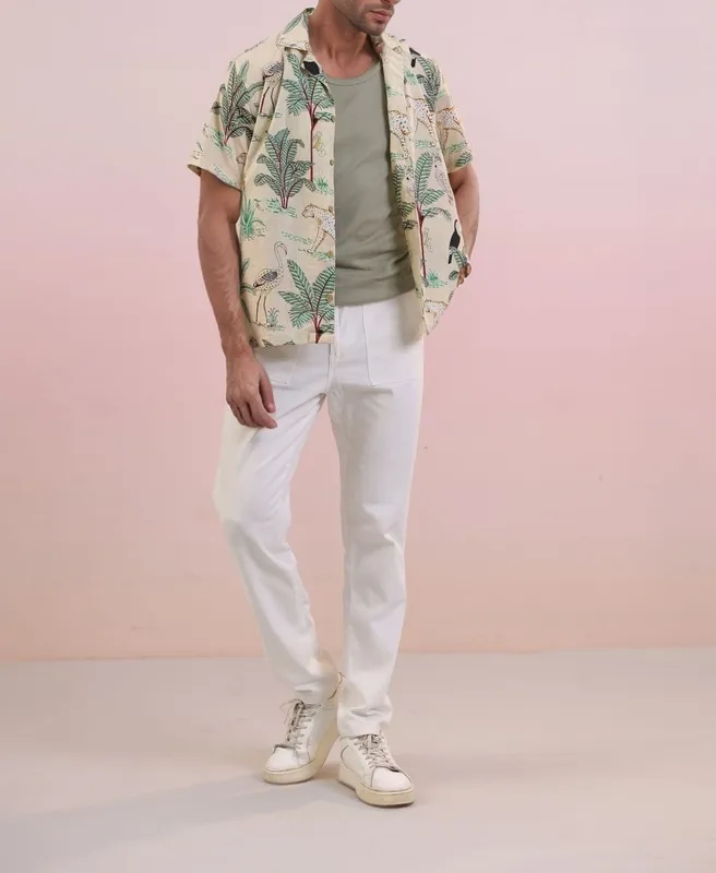 Beige Jungle Print Mulmul Cotton Camp Collar Shirt