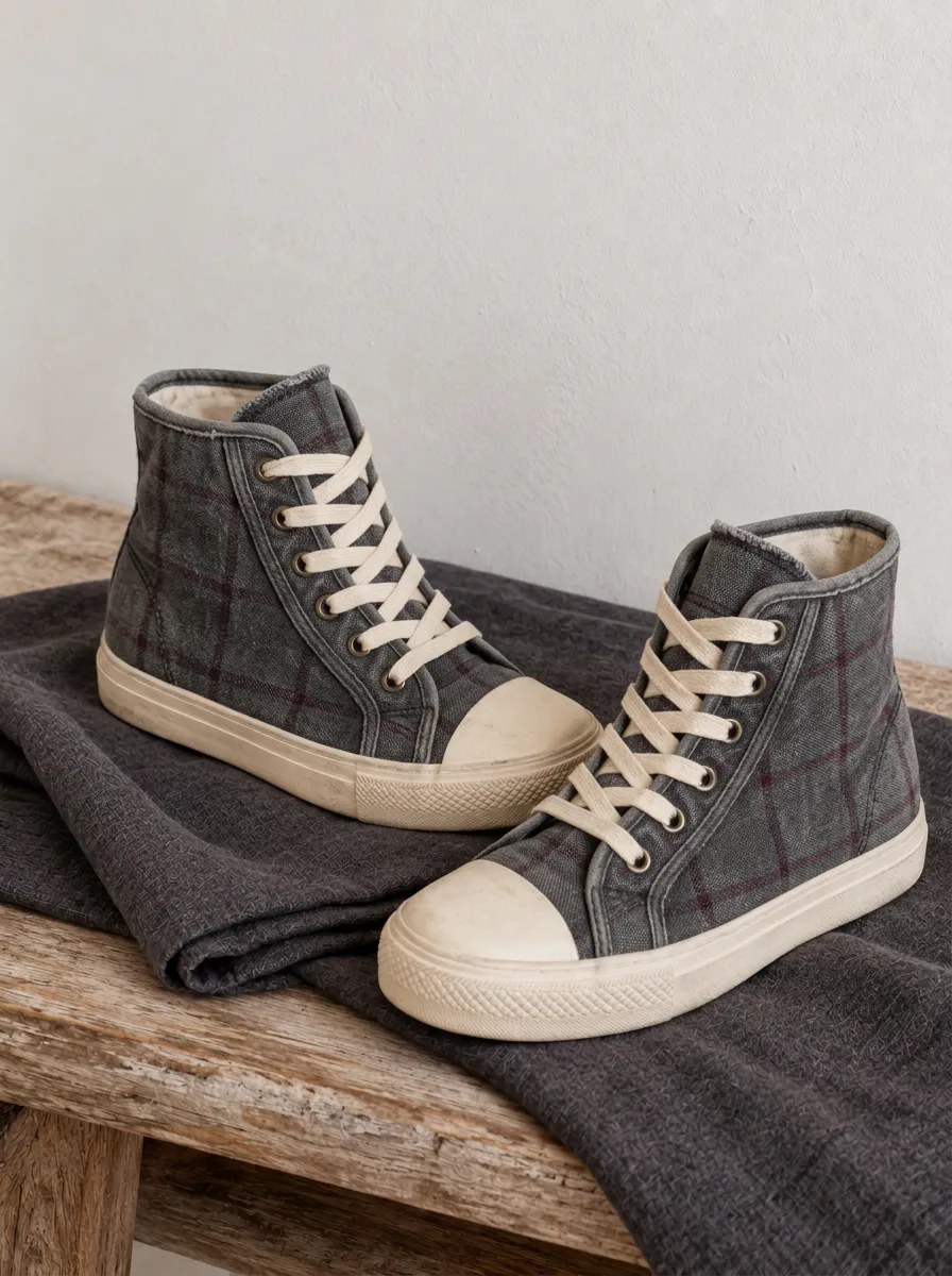 Men's Casual Style Grey Plaid Pattern Printed Canvas Shoes