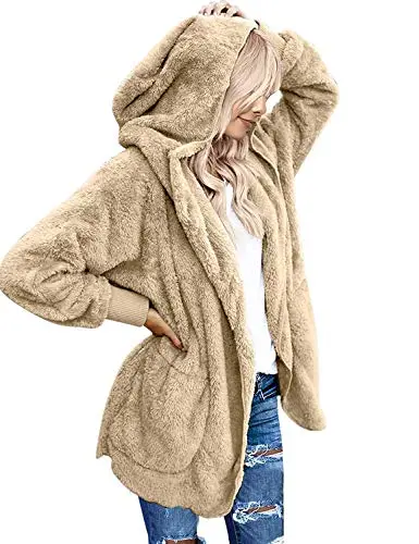 Womens Fuzzy Fleece Open Front Hooded Cardigan Jackets Sherpa Coat with Pockets